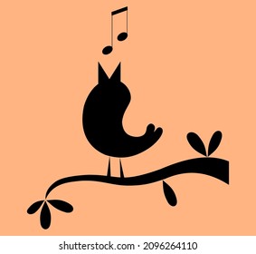 Cute bird on the branch of a tree, vector. Bird silhouette cartoon illustration isolated on a peach background. Childish wall decals, wall art, artwork. Nature in spring, poster design