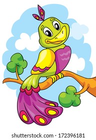 Cute bird on a branch, vector illustration on colored background