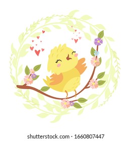 Cute bird on a branch, wreath frame. spring card, poster print. cartoon animal