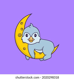 Cute bird is on the moon. Animal cartoon concept isolated. Can used for t-shirt, greeting card, invitation card or mascot.