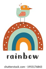 Rutschvogel auf Regenbogen-Poster für Kindergarten-Design. Vektorgrafik. Kindergrafik für Babybekleidung, Grußkarte, Wickelpapier. Regenbogen