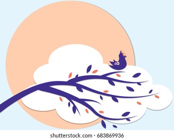 Cute bird on tree cutting from paper. Stylish vector card. Origami concept nature and animals idea