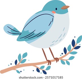 A cute bird on a white background sits on a branch. Flat vector illustration in simple child style 