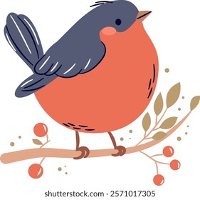 A cute bird on a white background sits on a branch. Flat vector illustration in simple child style 