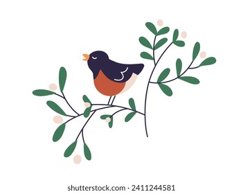 Cute bird on winter berry branch, singing song. Little bullfinch singer on snowberry tree twig with leaves, tweeting birdsongs. Flat vector illustration isolated on white background