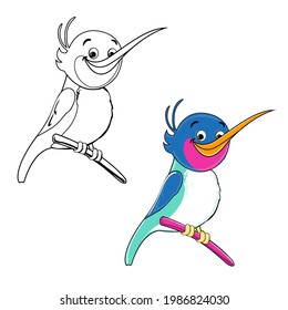 Cute bird one line coloring book for children and color. Vector illustration of funny animals for kids. T-shirt design