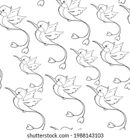 Cute bird one line coloring book for children seamless pattern. Vector illustration of funny animals for kids