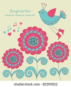 cute bird over flower. vector illustration