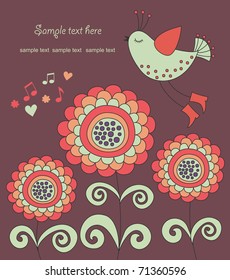 cute bird over flowers. vector illustration