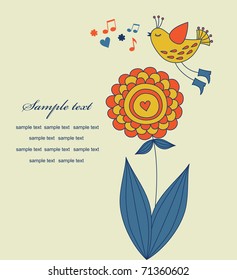 cute bird over flowers. vector illustration