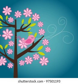 cute bird over tree with flowers, card. vector illustration