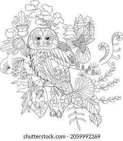 Cute bird owl in forest. Doodle style, black and white background. Funny animal, coloring book pages. Hand drawn illustration in zentangle style for children and adults, tattoo.