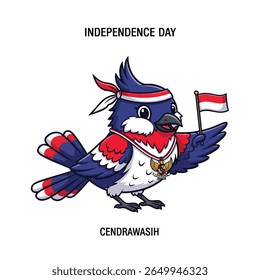 Cute bird of paradise holding Indonesian flag during the day to celebrate Independence Day