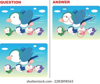 Cute bird parent and child are flying Find the difference quiz