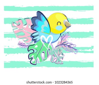 Cute Bird Parrot Illustration, Tropical Print Design for Child T-shirt