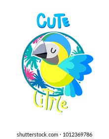 Cute Bird Parrot Vector Illustration, Print Design for Child T-shirt 