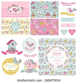 Cute Bird Party Set For Baby Shower, Wedding, Decoration In Vector