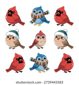 Cute bird pattern tiles, cardinal and owl characters, winter celebration backdrop, party decorations, classroom bulletin session materials, seasonal vector set