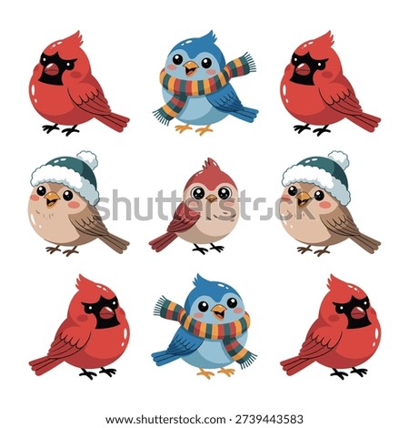 Cute bird pattern tiles, cardinal and owl characters, winter celebration backdrop, party decorations, classroom bulletin session materials, seasonal vector set