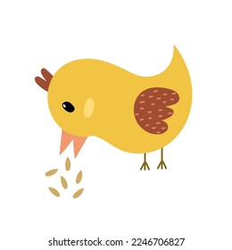 Cute bird pecking grain print in childish style. Funny cartoon chick eating seeds for baby and kids design. Vector illustration