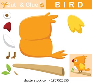 Cute bird perch on tree branches. Education paper game for children. Cutout and gluing. Vector cartoon illustration