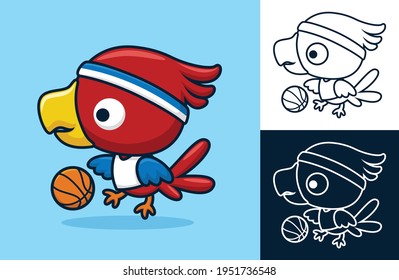 Un pájaro lindo jugando al baloncesto. Ilustración de dibujos animados en forma de icono plano