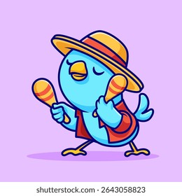Cute Bird Playing Maracas Cartoon Vector Icon Illustration. Animal Holiday Icon Concept Isolated Premium Vector. Flat Cartoon Style