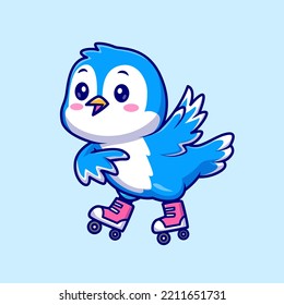 Cute Bird Playing Roller Skate Cartoon Vector Icon Illustration. Animal Sport Icon Concept Isolated Premium Vector. Flat Cartoon Style