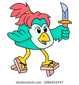 cute bird pretending to be a samurai with a sharp sword, vector illustration art. doodle icon image kawaii.