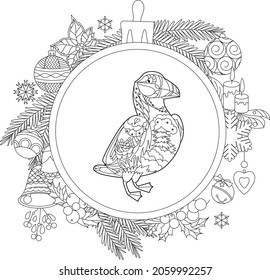 Cute bird puffin in Christmas ball. Doodle style, black and white background. Funny animal, coloring book pages. Hand drawn illustration in zentangle style for children and adults, tattoo.