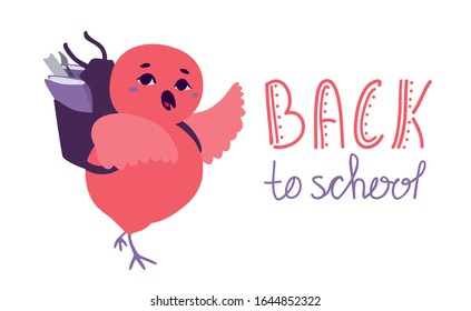 A cute bird pupil with a backpack waving its wing. Back to school handwritten phrase. Vector cartoon illustration isolated on a white background.