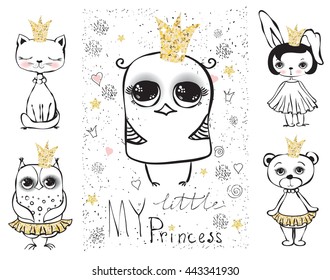 Cute bird, rabbit, bear cat and owl princess. Vector trendy hipster style for greeting card design, t-shirt print, inspiration poster. 