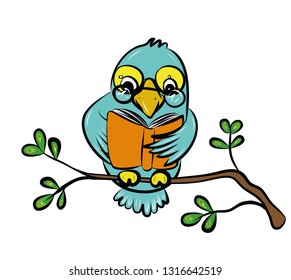 cute bird reading book. drawing sparrow. vector. bird  reading. t shirt cartoon.