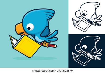 Cute bird reading a book while carrying pencil in its feet. Vector cartoon illustration in flat icon style