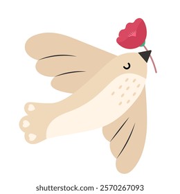 Cute bird with red flower in the air, symbolizing love and communication, minimal design in cute vector style for valentine's day,romance and affection concepts, isolated icon on white background