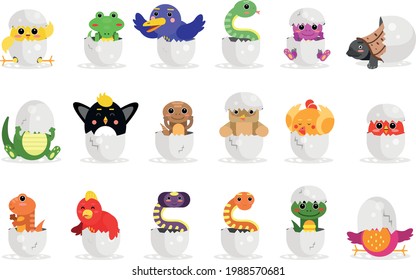 Cute Bird and Reptile Hatching from Egg Vector Set