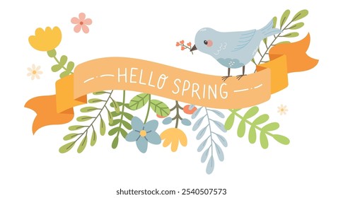 Cute bird with ribbon. Spring label with season quotes, bird, ribbon. Hand drawn spring vector illustration. Hello spring, isolated on white
