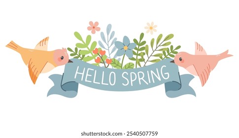 Cute bird with ribbon. Spring label with season quotes, bird, ribbon. Hand drawn spring vector illustration. Hello spring, isolated on white

