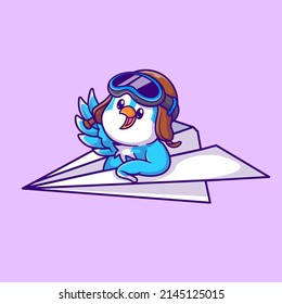 Cute Bird Riding Paper Airplane Cartoon Vector Icon Illustration. Animal Transportation Icon Concept Isolated Premium Vector. Flat Cartoon Style 