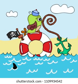 Cute bird sailor on sea background
