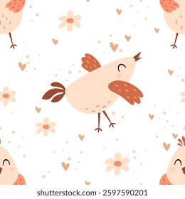 Cute bird seamless pattern. Adorable bird, flowers pattern. Whimsical hand drawn vector pattern in flat style
