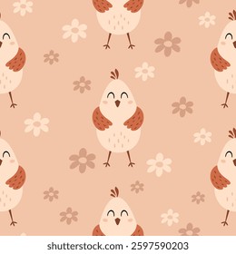Cute bird seamless pattern. Adorable bird and flowers pattern. Whimsical hand drawn vector design in flat style
