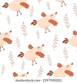 Cute bird seamless pattern. Adorable bird and plants pattern. Hand drawn vector design in flat style