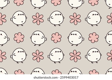 Cute Bird Seamless Pattern Adorable Chick Floral Vector Background