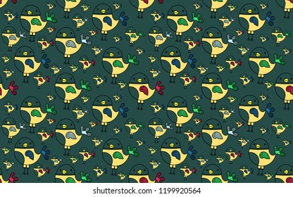 cute bird seamless pattern on green background. vector