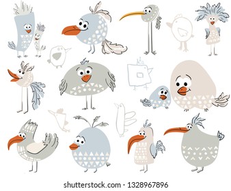 Cute bird set with child drawing elements. Stylized cool animal illustration for t-shirt print, kids apparel, nursery, child party invitation. Simple scandinavian design. Funny doodle