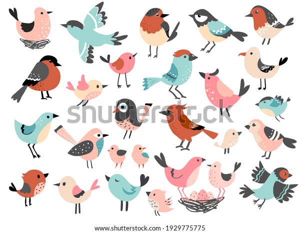 Cute bird set, funny little bird family,\
hand drawn vector\
illustration