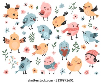 Cute bird set. Hand drawn vector illustration.
