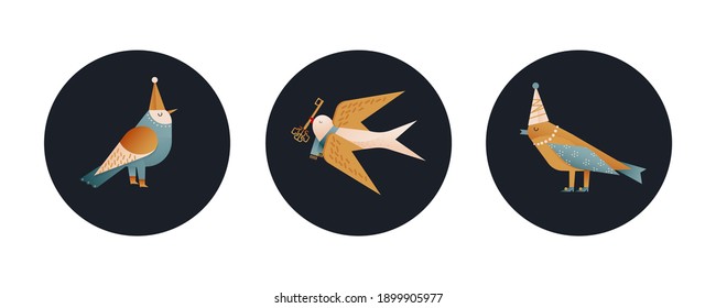 Cute Bird Set. Modern Flat Vector Concept Illustrations. Badges with Bird Kinds. Social Media Ads.