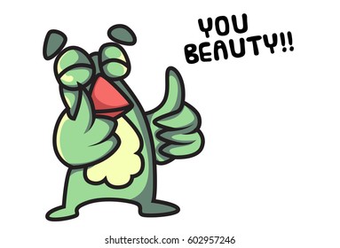 Cute Bird showing thumbs up with both hands and saying YOU BEAUTY. Vector Illustration. Isolated on white background.